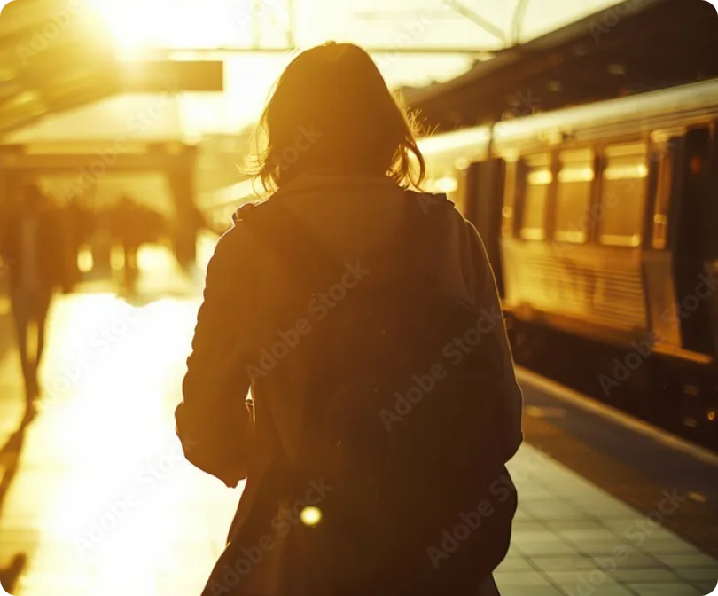 Woman walking on train platform.